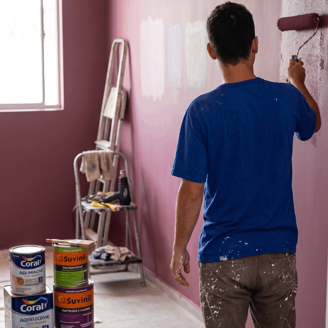 Pintura de quarto residencial com rolo em tom rosé