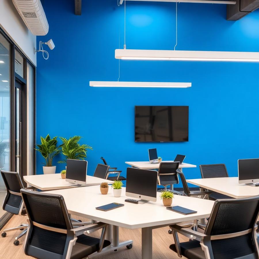 Escritório comercial com parede azul pintada